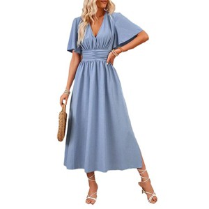 Womens Bell Sleeve Midi Dress Faux Wrap Emprie Waist Smocked Dress Formal Guest Dress A Line Side Slit Maxi Garden Party Dress - 1 of 3