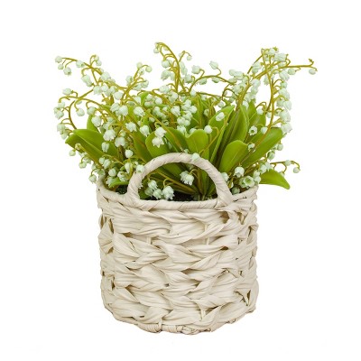 National Tree Company 11" Lily of the Valley Bouquet Artificial Flowers: Indoor Faux Plant in Wicker Basket
