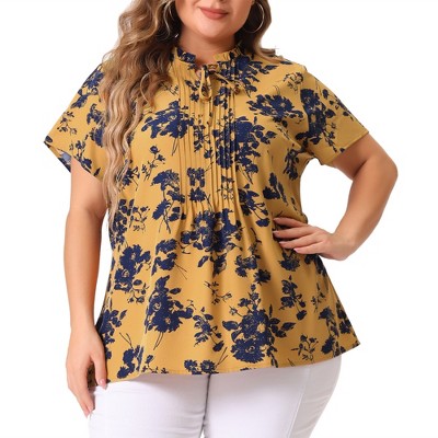 Agnes Orinda Women's Plus Size Ruffle Pleated Tie Short Sleeve Floral Casual Blouses