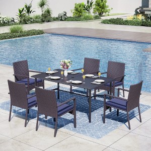 Captiva Designs 7pc Patio Slatted Top Steel Dining Table with Umbrella Hole & Cushioned Armrest Rattan Chairs - 1 of 4