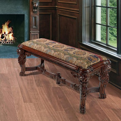 Grande Hall Cherry Mahogany Upholstered Bench with Lion Carvings