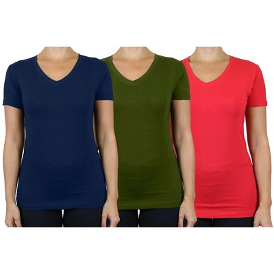 Blu Rock Women's Loose Fit  Short Sleeve V-Neck Cotton Stretch Tees-3 Pack