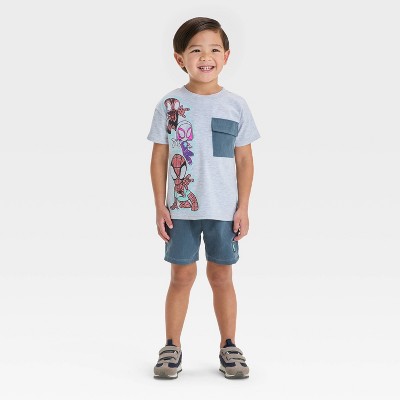 Toddler Boys' 2pc Marvel Spidey & Friends Miles Morales Ghost Spider Pocket T-Shirt & Brushed Active Shorts Set - Gray