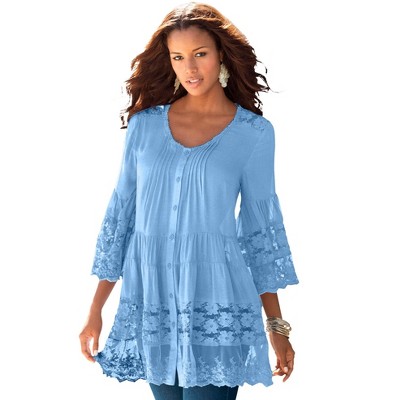 Roaman's Women's Plus Size Illusion Lace Big Shirt - 32 W, Soft Sky ...