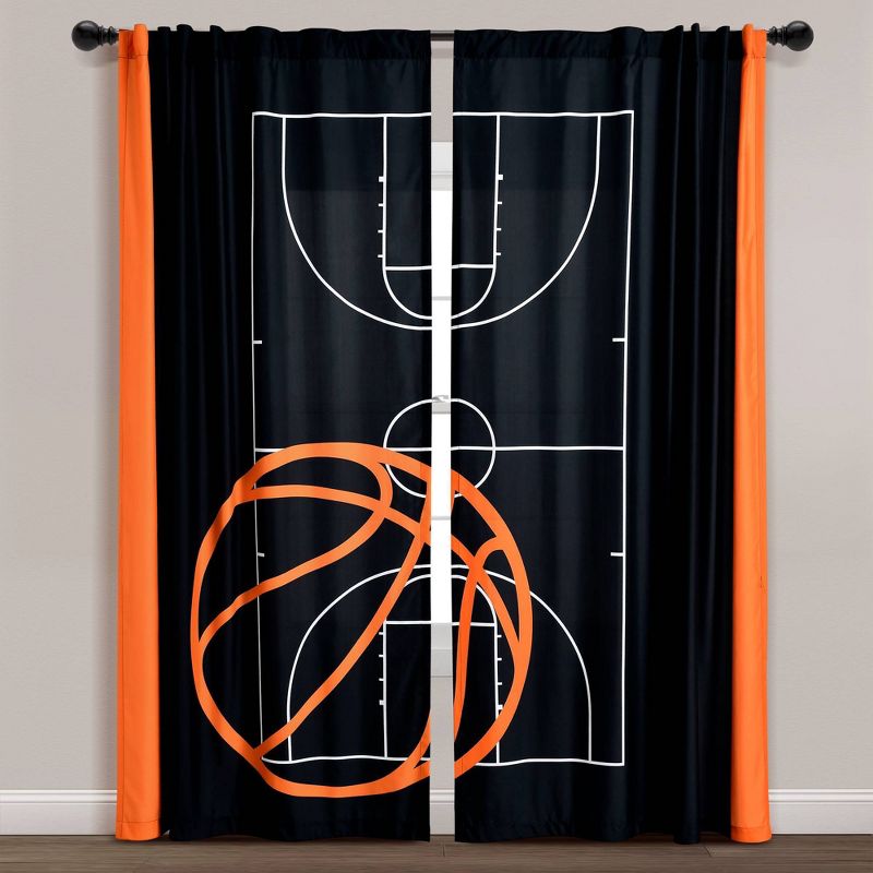 52&#34;x84&#34; Kids&#39; Basketball Game Window Curtain Panel Set Black/Orange - Lush D&#233;cor, 1 of 7