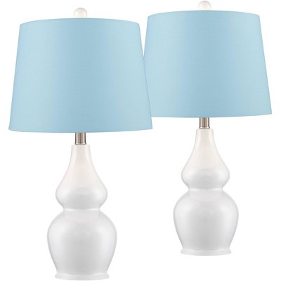 360 Lighting Jane Modern Table Lamps 25" High Set of 2 White Ceramic Blue Hardback Fabric Drum Shade for Bedroom Living Room House Bedside Nightstand