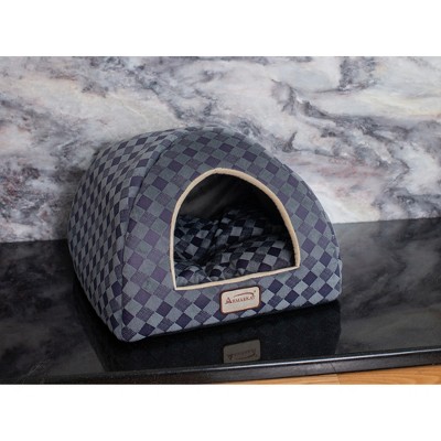 Small Purple Gray Checkered Dome Cat Bed with Fiberfill