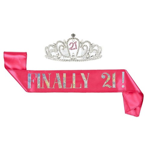 21th Birthday Tiara And Sash Finally 21 Pink Glitter Satin Sash And Rhinestone Crown Tiara Set For Gift Party Supplies And Decorations Target