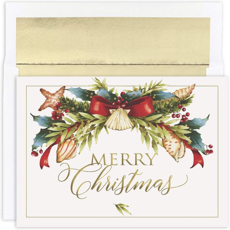 Masterpiece Studios Warmest Wishes 16-Count Boxed Christmas Cards With Foil-Lined Envelopes, 7.8" x 5.6", Seaside Swag (937700), 1 of 3