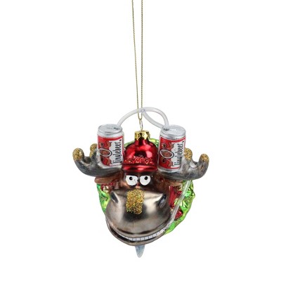 Northlight 4.5" Moose in Wreath with Beer Drinking Helmet Glass Christmas Ornament - Gray/Red