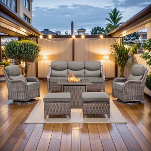 Buenhomino 7 Piece Wicker Outdoor Furniture Set with 6-inch Thick Cushion, High Back Patio Furniture Set with Swivel Rocking Chairs and Fire Pit Table - 1 of 4