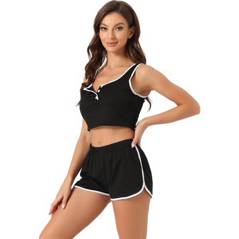 Women Lace Trim Pajama Set Sleeveless Cami Crop Top High Waist Shorts  Lounge Sleepwear 2 Pieces Nightwear PJ Sets