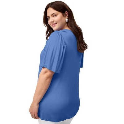 ellos Women's Plus Size Ruffle Neckline Flutter Sleeve Tunic
