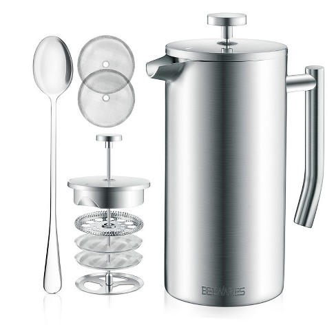 Belwares Stainless Steel French Coffee Press, with Double Wall and Extra Filters - 50 oz