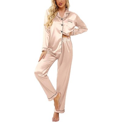 Ekouaer Women's Classic Button Down Long Satin Silk Pajama Set