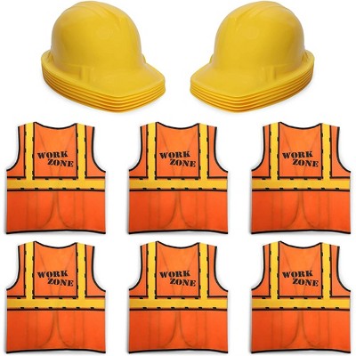 Photo 1 of Blue Panda Set of 6 Construction Worker Party Costume Dress Up with Vests & Toy Hats for Kids Birthday Supplies and Favors, Yellow & Orange