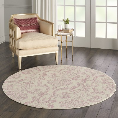 Jubilant Ivory and Pink Round Synthetic Area Rug, 5'3"