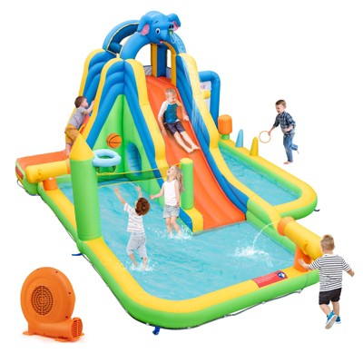 Tangkula Inflatable Water Slide 9-in-1 Blow-up Water Park for Kids with Splash Pool Climbing Wall Water Guns Basketball Toss with 680W Blower