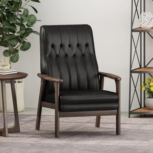 Mid Century Modern Upholstered Accent Chair, Matte Black Faux Leather - 1 of 4