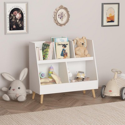Runesay White Kids Bookshelf and Toy Organizer, 2-Tier Baby Storage Display Organizer with Legs