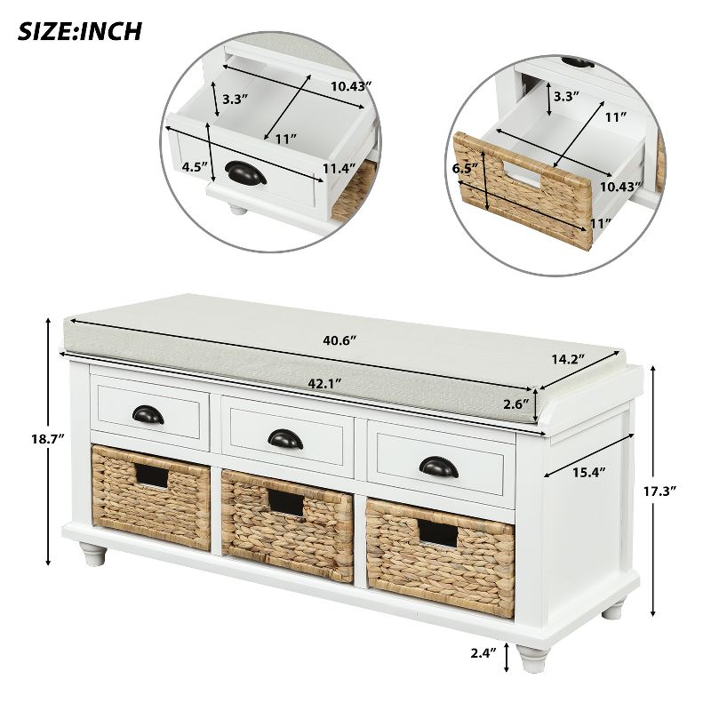 Rustic Storage Bench with 3 Drawers and 3 Rattan Baskets-ModernLuxe, 3 of 10