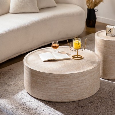 Modern Drum-Style Round Coffee Table with Marble Texture Pattern, No-Assembly Accent Table for Living Room or Apartment – The Pop Home