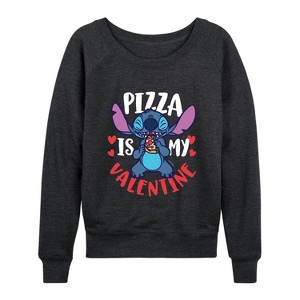 Women's - Lilo and Stitch - Pizza Is My Valentine Lightweight French Terry Wide Neck Long Sleeve Graphic Shirt - 1 of 4