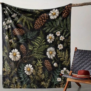 Lomsoe Vintage Pine Cone & White Daisy Print Flannel Blanket - All Seasons Soft and Warm Throw Blanket for Bed, Napping, Camping, Travel, Office - 1 of 4