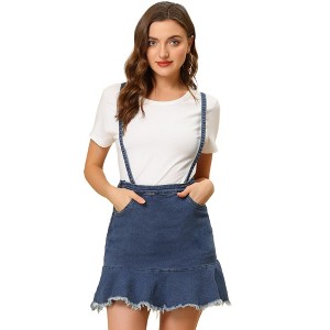 Allegra K Women's Adjustable Strap Ruffle Hem Frayed Mini Suspender Denim Skirt - 1 of 4