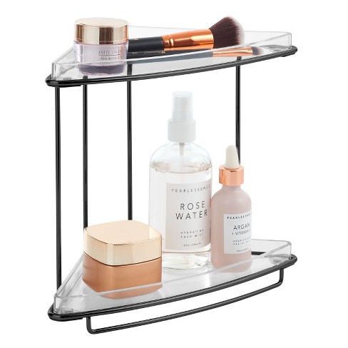 mDesign Steel/Plastic 2-Tier Bathroom Organizer Corner Shelf - Clear/Matte  Black