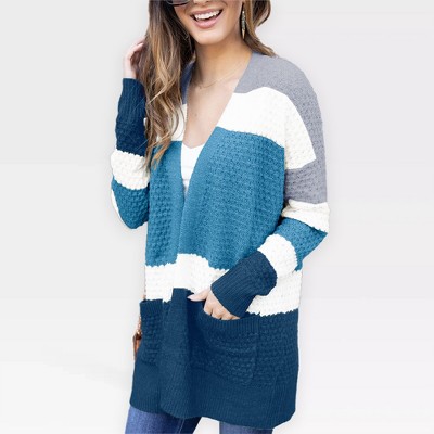 Women's Color Block Cardigan - Lightweight V Neck Crochet Knit Sweater with Open Front for Soft Comfy Knitwear