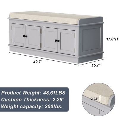 Gray Wash Upholstered Storage Bench with Cushion and Doors