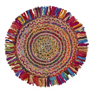 HomeRoots 4' Rainbow Abstract Geometric Hand Woven Round Rug With Fringe - 1 of 4