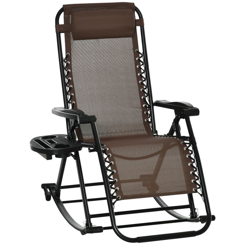 Outsunny Outdoor Rocking Chairs, Foldable Reclining Zero Gravity Lounge Rocker w/ Pillow, Cup & Phone Holder, Combo Design w/ Folding Legs, Brown, 1 of 7