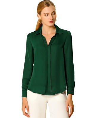 INSPIRE CHIC Women's Elegant V Neck Long Sleeve Office Work Satin Shirt