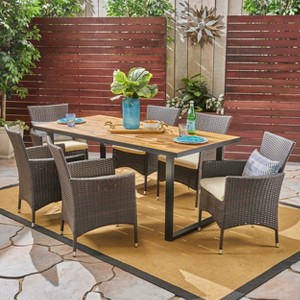 Christopher Knight Home Hartland Outdoor Acacia Wood and Wicker 7 Piece Dining Set with Cushion, Teak/Multibrown - 1 of 4