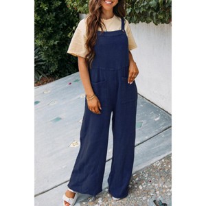 Women's Summer Fall Casual Wide Leg Long Pants Jumpsuits One Piece Sleeveless Square Neck Loose Overalls Rompers With Pockets - 1 of 1