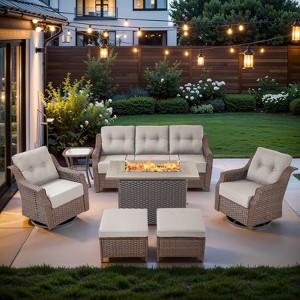 Buenhomino Patio Furniture Set 7 Piece Brown Wicker Outdoor Furniture Patio Sectional Sofa Couch PE Rattan Conversation Sets with Fire Pit Table - 1 of 4