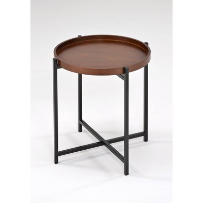 Mid-Century Modern Round Walnut Wood and Black Metal Side Table