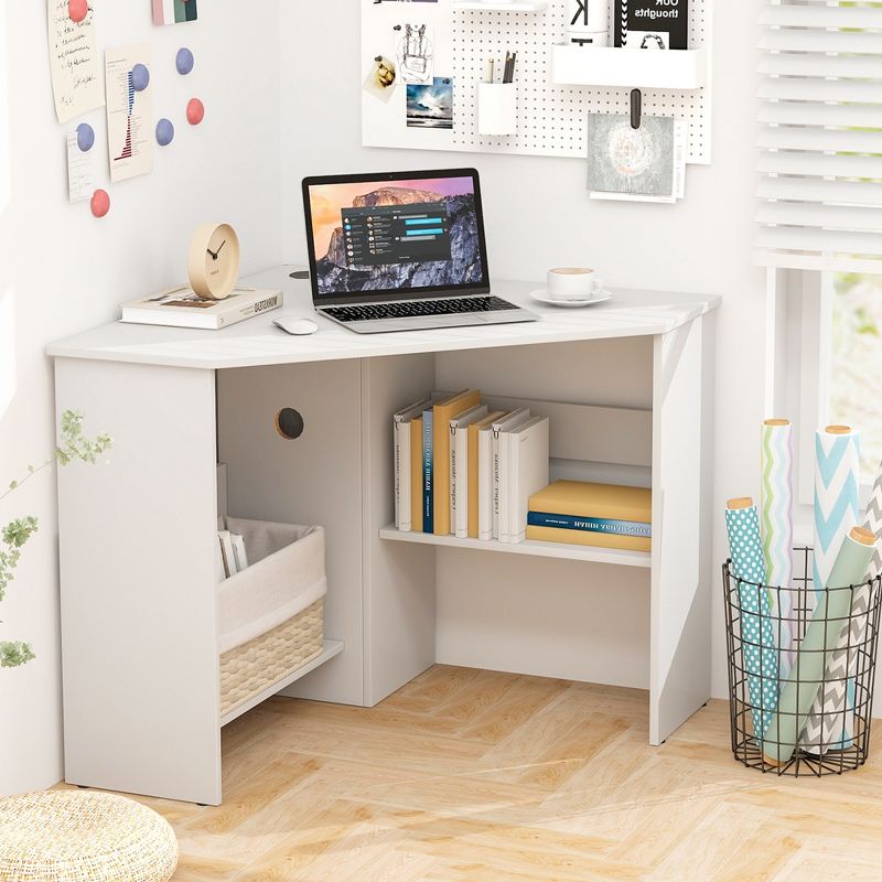 Costway Corner Computer Desk Triangle Writing Workstation w/ Storage Shelf White\Black, 2 of 11