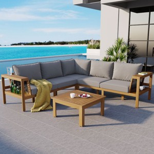 Outdoor 4-Pieces L-Shaped Sectional Sofa, Acacia Frame Sofa with Woven Mesh Armrests and Table, Sofa with Polyester Cushions–Cuddlewood - 1 of 4