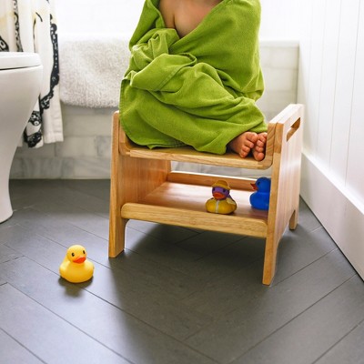 Natural Rubberwood Rolling Sit or Step Stool with Storage
