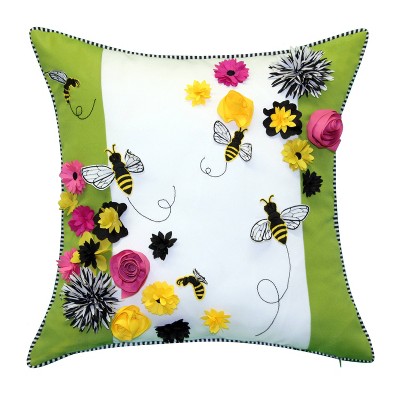 18" x 18" Bees & Flowers Dimensional Decorative Patio Throw Pillow - Edie@Home