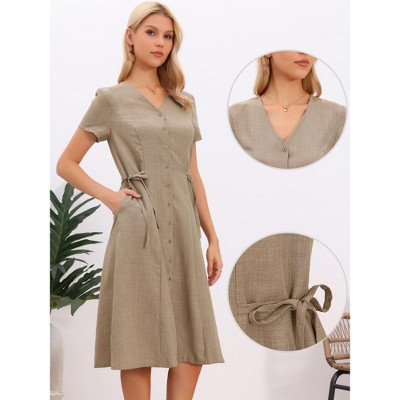 Женские платья INSPIRE CHIC Women's Summer Button Down V Neck Short Sleeve Drawstring Waist Work Midi Dress X-Large Khaki — фото 2