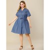 Agnes Orinda Women's Plus Size Relaxed Fit Buttons Belted Short Sleeves Chambray Shirtdress - 3 of 4