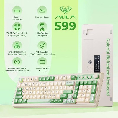 AULA S99 Wireless Gaming Membrane Creamy Keyboard, Tri-Mode Connect, Num Pad, Backlit, Media Knob