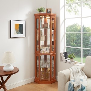 Lighted Corner Curio Display Cabinet with Glass Doors, Adjustable Shelves, Included Light Bulbs and Mirrored Back Panel - 1 of 4