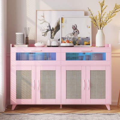 Sideboard Buffet Cabinet With Power Outlet & LED Light, Kitchen Storage Cabinet With 2 Fluted Acrylic Drawers & 4 Rattan Doors