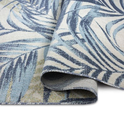 Ivory and Aqua Blue Palm Leaf 5' x 7' Indoor/Outdoor Rug