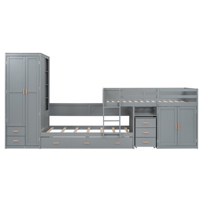 CLIHOME Twin Wooden Bunk Bed with Trundle, Cabinet, Wardrobe, Desk and Drawers